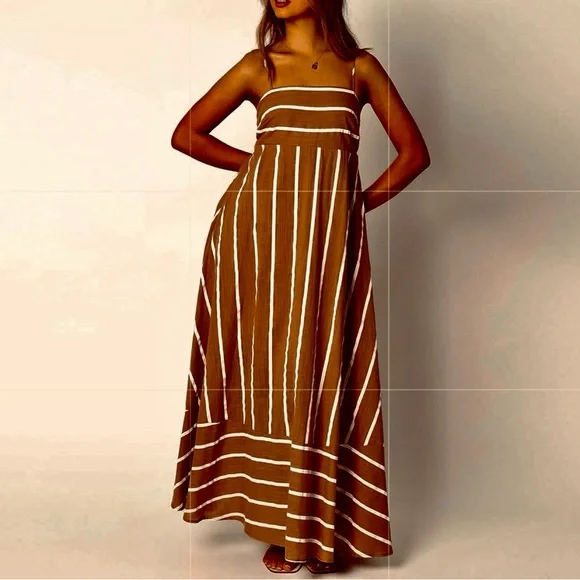 Elegant Brown White Striped Sleeveless Come Sail Away Maxi Sun Dress - Picture 4 of 8